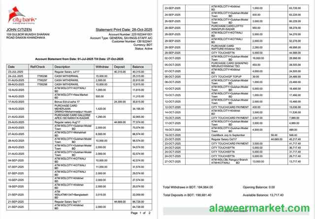 Bangladesh City Bank statement Word and PDF template, 2 pages